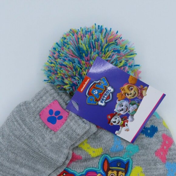 Paw Patrol Toddler Girls 2T-5T Patch Pom Pom Hat Mittens Nickelodeon Winter NEW - Picture 3 of 6